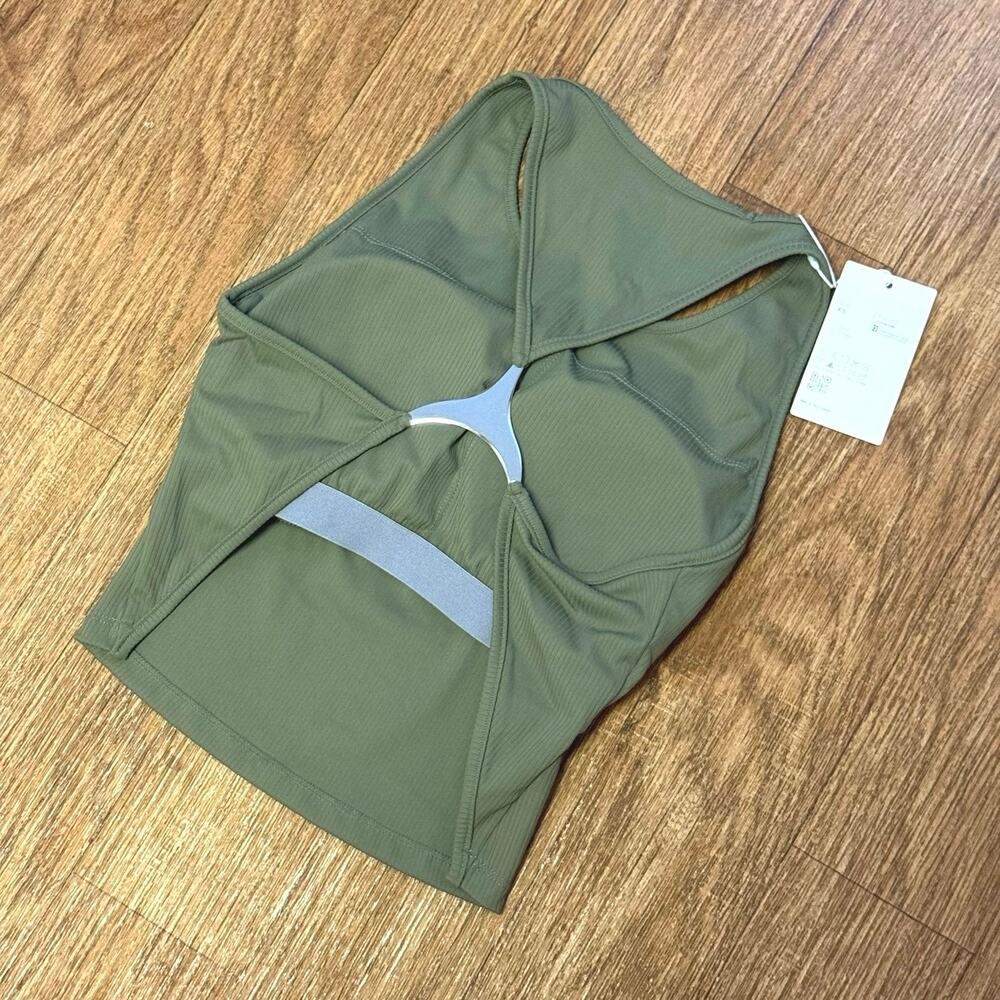 Halara Ribbed Knit U-Neck Cut-Out Back Yoga Tank Top in Green Size XS